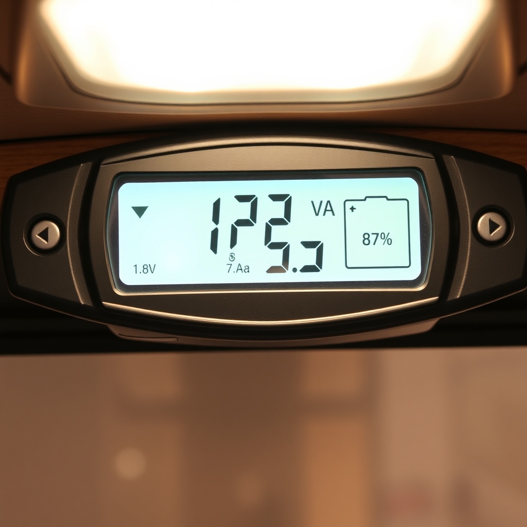 Close-up photograph of a digital battery monitor display mounted inside an Escape Traveler