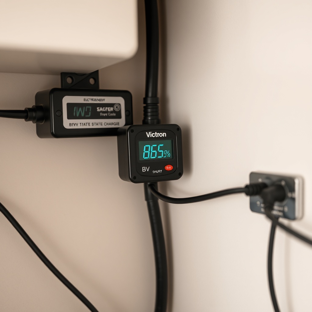 Photorealistic image of an Escape Traveler XL's electrical bay with a Victron BMV-712 shun