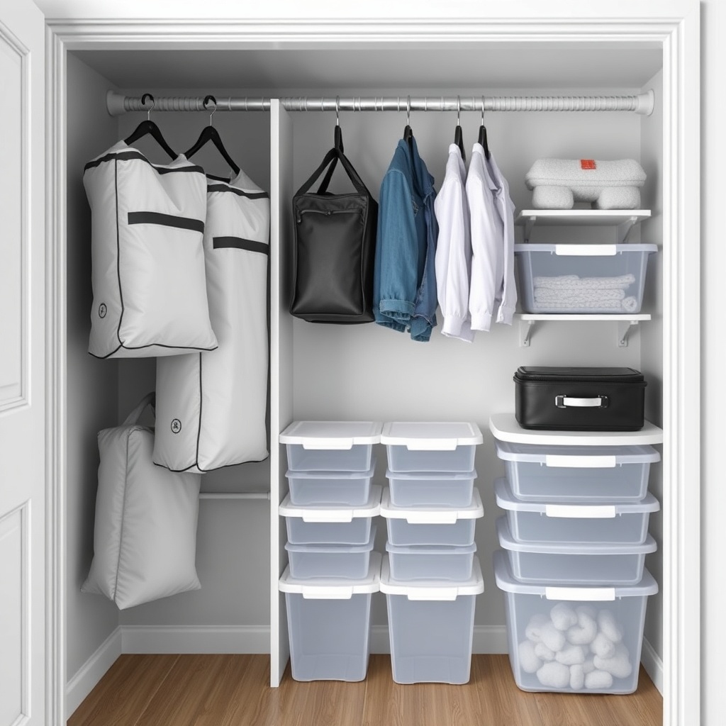 <clean photorealistic photo/illustration of an Escape Traveler XL closet with vacuum bags