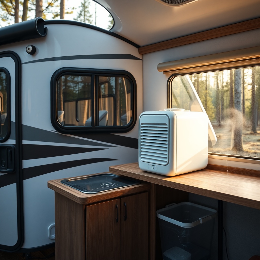 A photorealistic photo of an Escape Traveler XL parked in a forest clearing