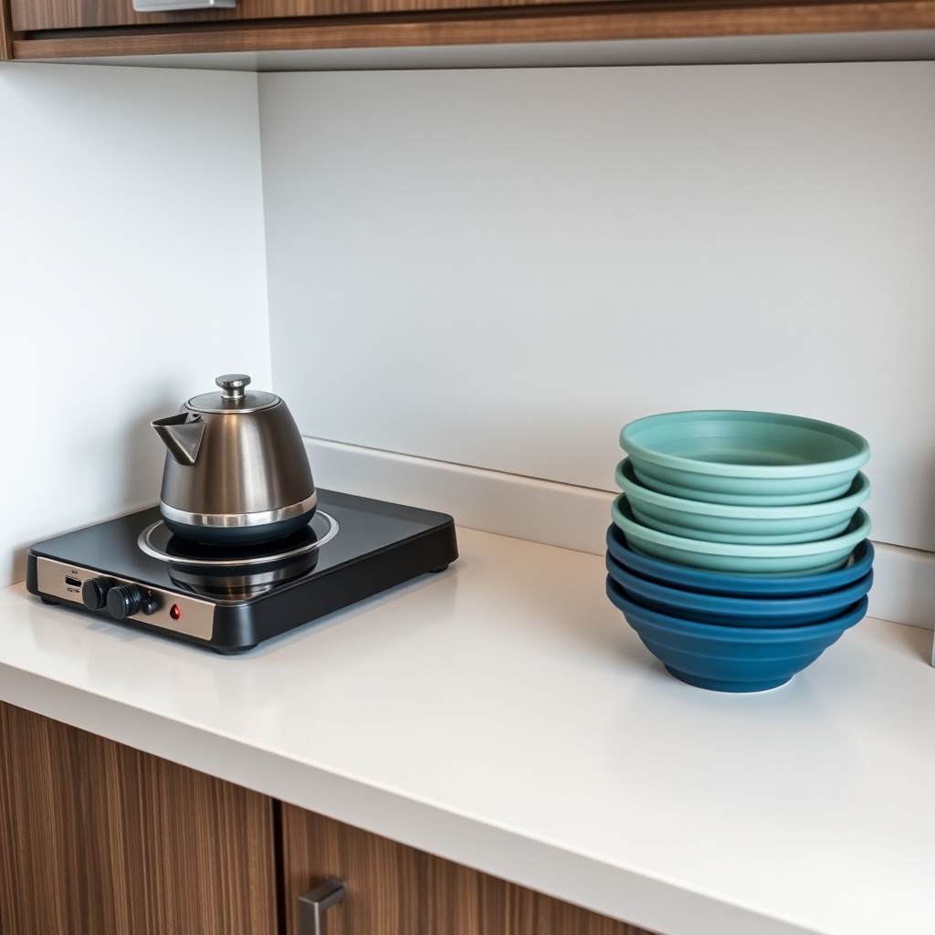 A clean photorealistic photo of an Escape Traveler XL countertop showing a two-burner stov