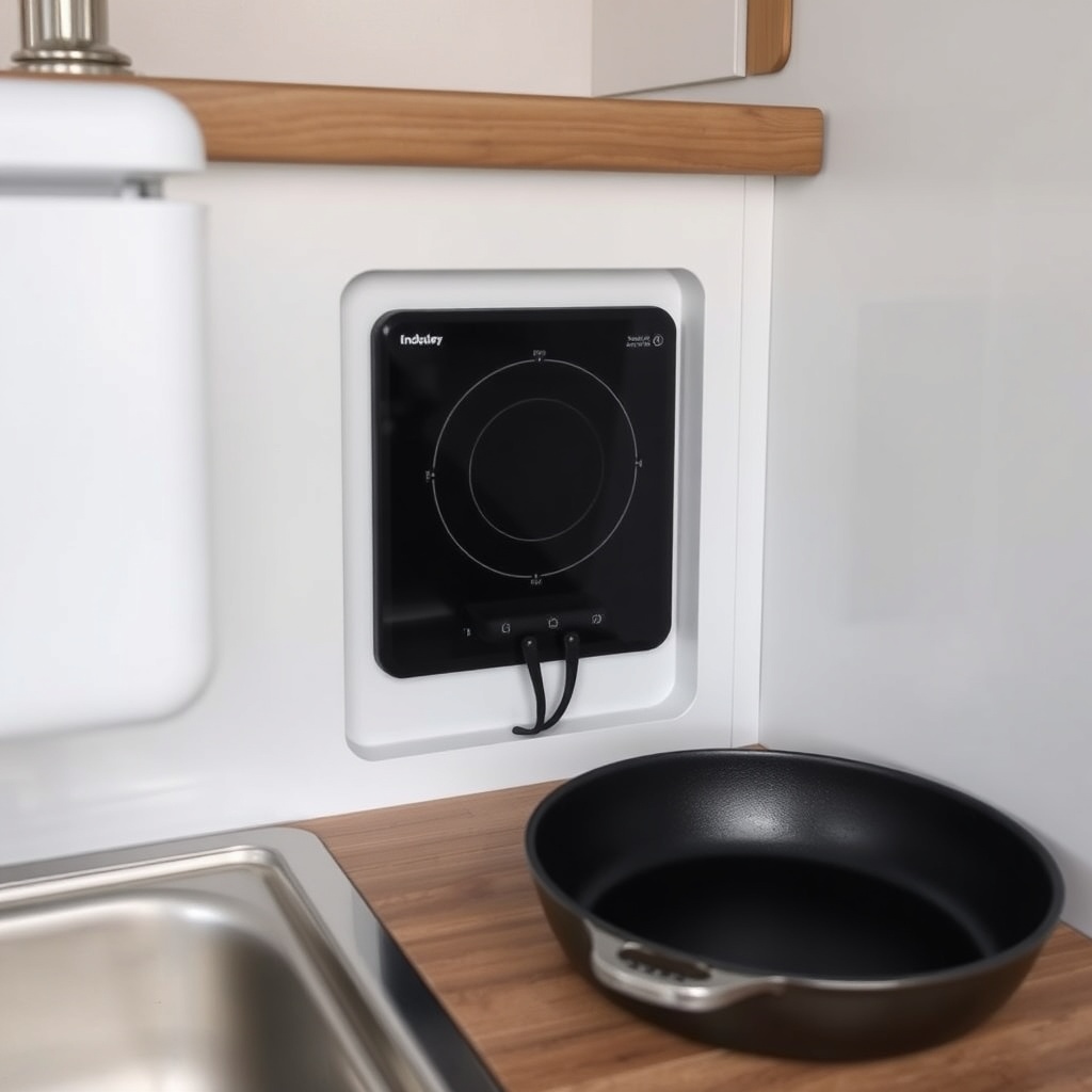 A clean photorealistic photo showing a thin induction hob stored vertically in a custom sl