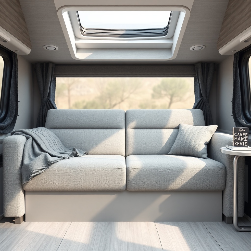 A photorealistic shot of the Escape Traveler XL’s grey upholstered sofa in the daytime pos
