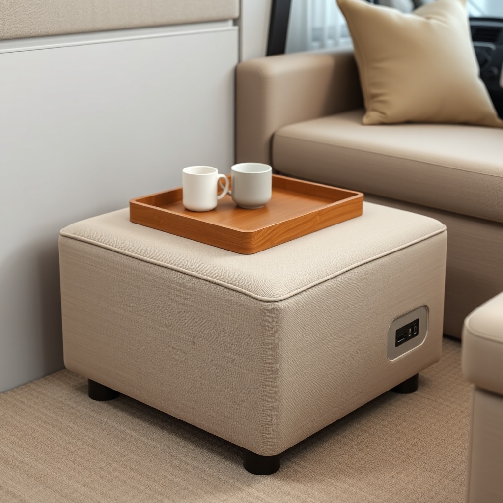 A photorealistic image of a fabric ottoman in a beige tone sitting beside the sofa in the