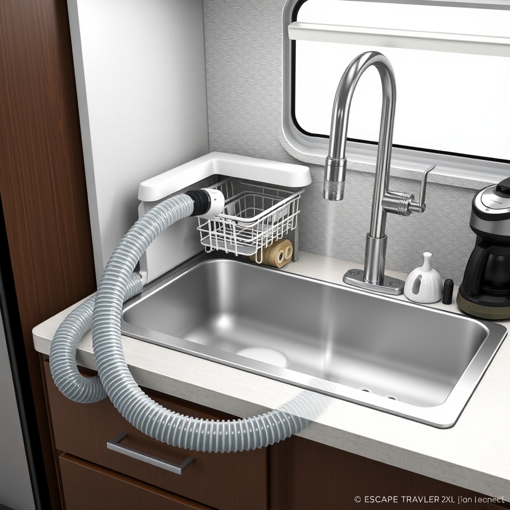A photorealistic illustration shows a portable dishwasher sitting on the Escape Traveler X