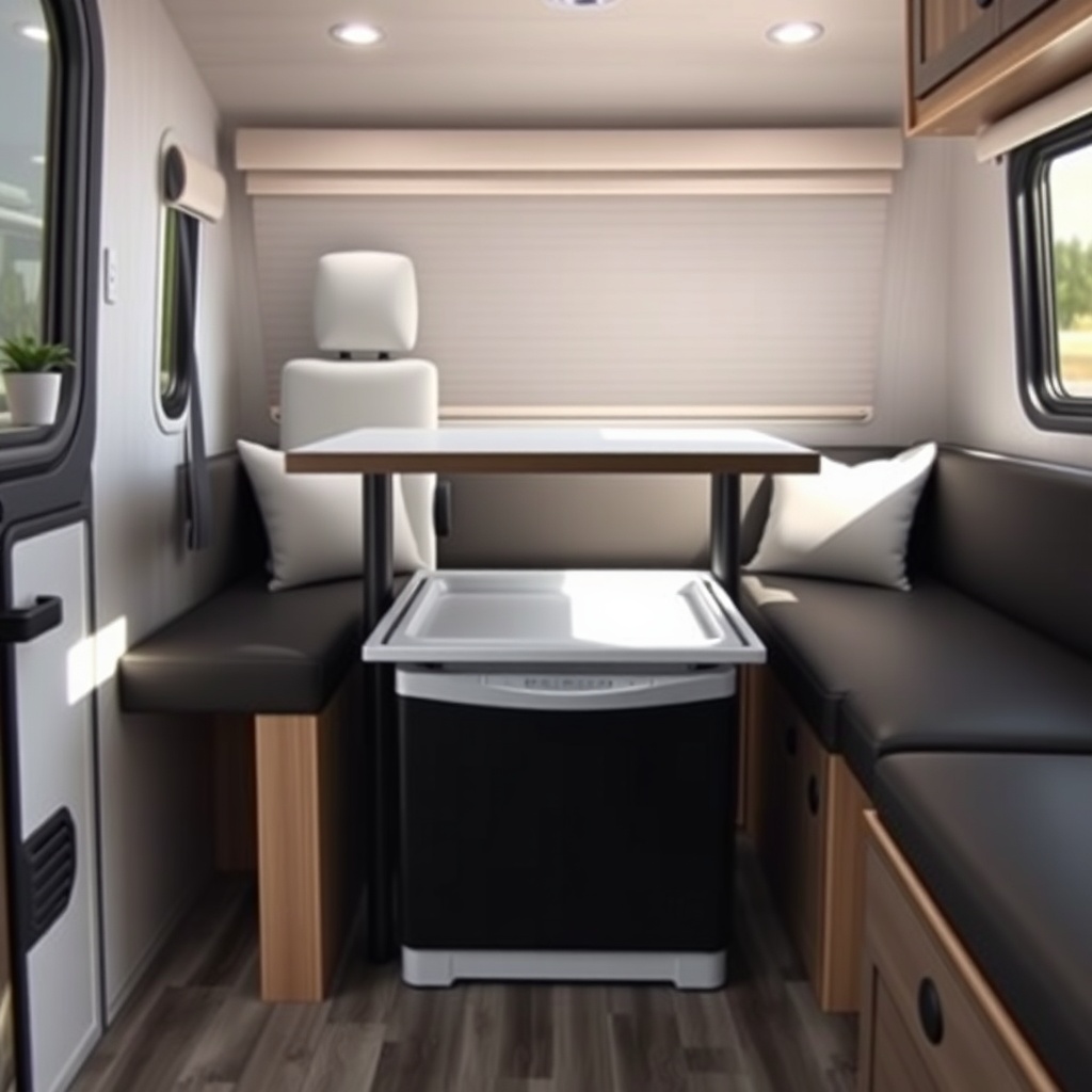 A clean photorealistic photo shows the interior of an Escape Traveler XL with the portable