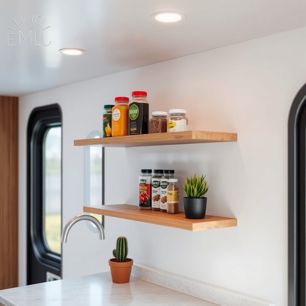 A clean photorealistic photo of an Escape Traveler XL kitchen area with two bamboo floatin