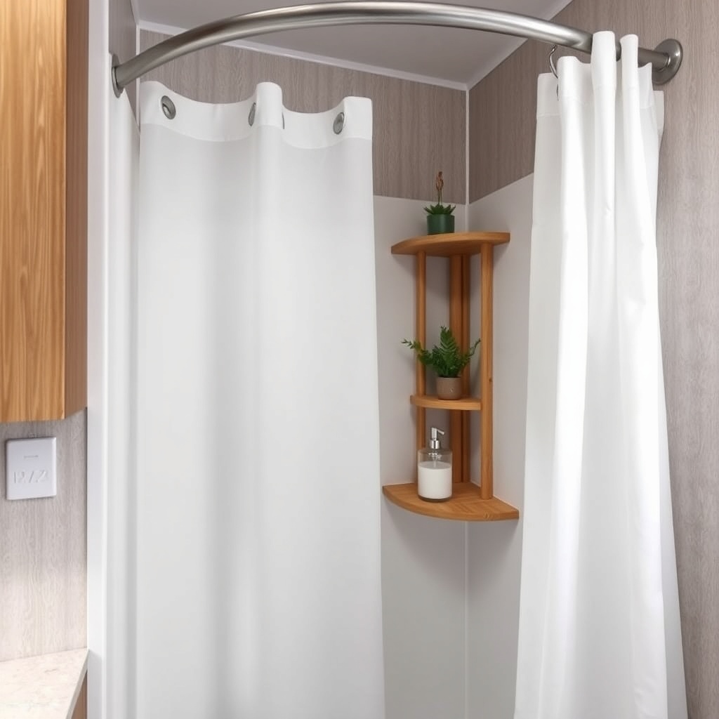 A photorealistic photo of a bathroom in an Escape Traveler XL with a bamboo corner shelf h
