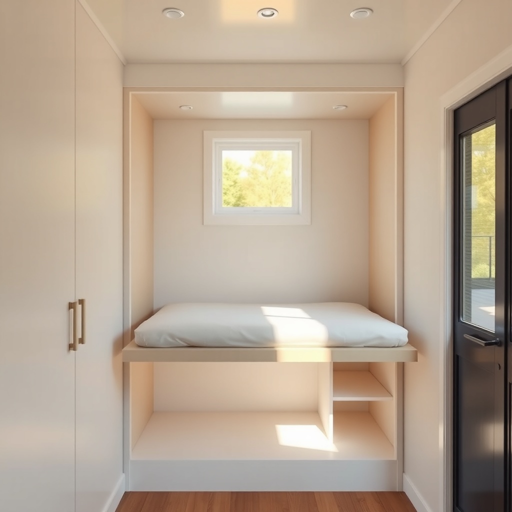 <A photorealistic photo of a TinyDwell interior showing a Murphy bed in its folded-up posi