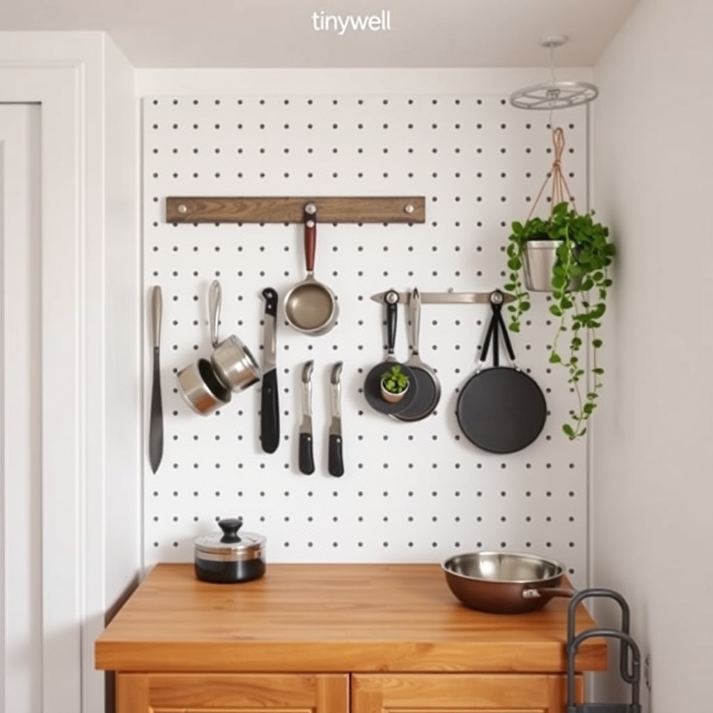 <A photorealistic photo of a TinyDwell kitchen showing a white pegboard wall with pots