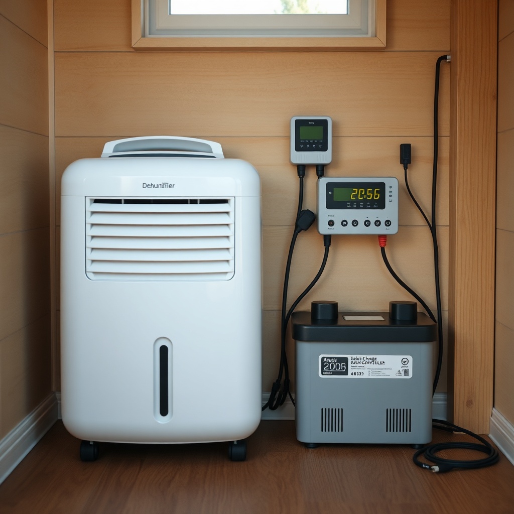 A photorealistic photo of a small dehumidifier next to a solar charge controller and batte
