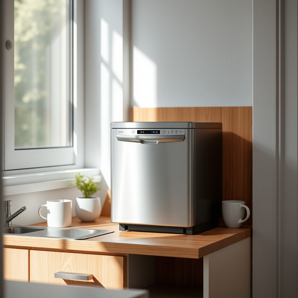 A photorealistic photo of a compact silver dishwasher sitting on a clean wooden countertop
