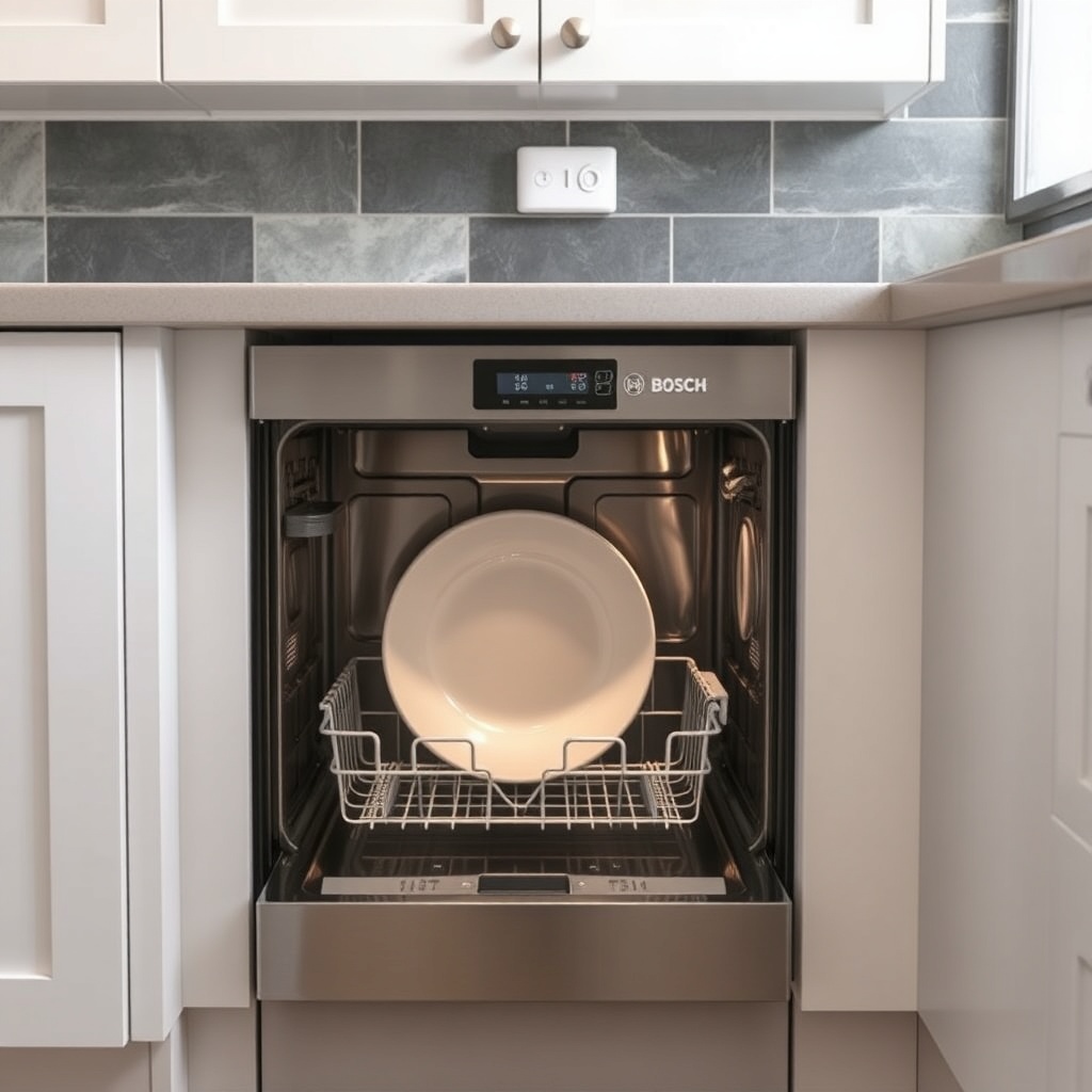 A photorealistic photo of a compact Bosch dishwasher fitted under a tiny house countertop