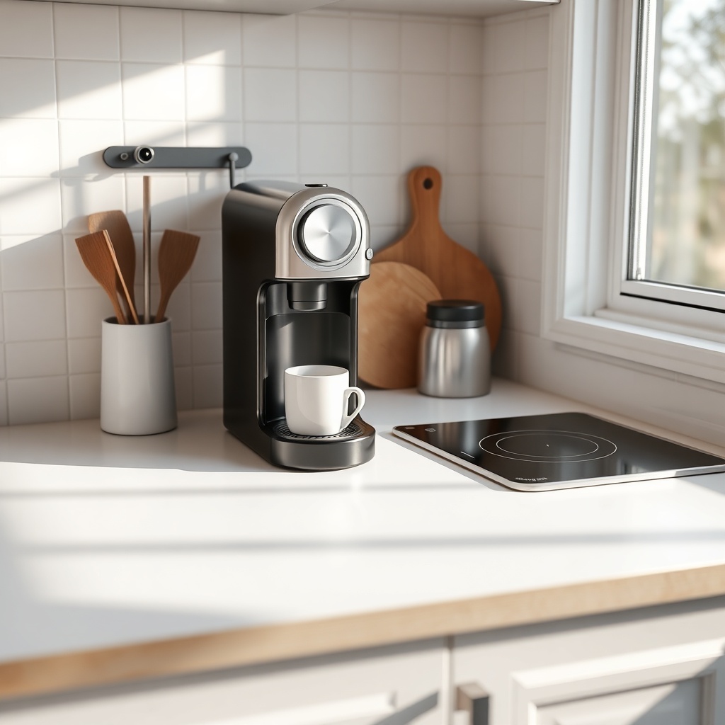 A photorealistic wide shot of a tiny house kitchen counter with a compact espresso machine