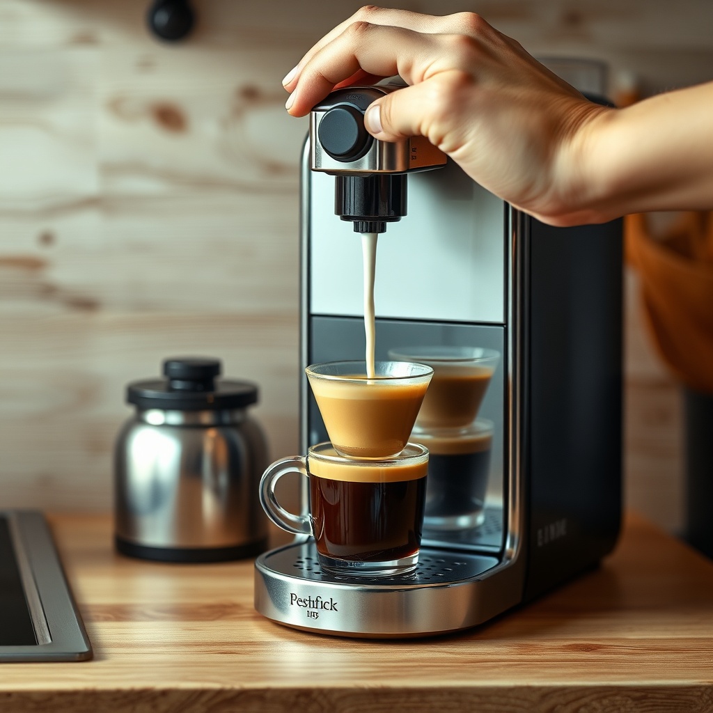 A photorealistic close-up of a person’s hand pouring milk into an espresso shot from a com