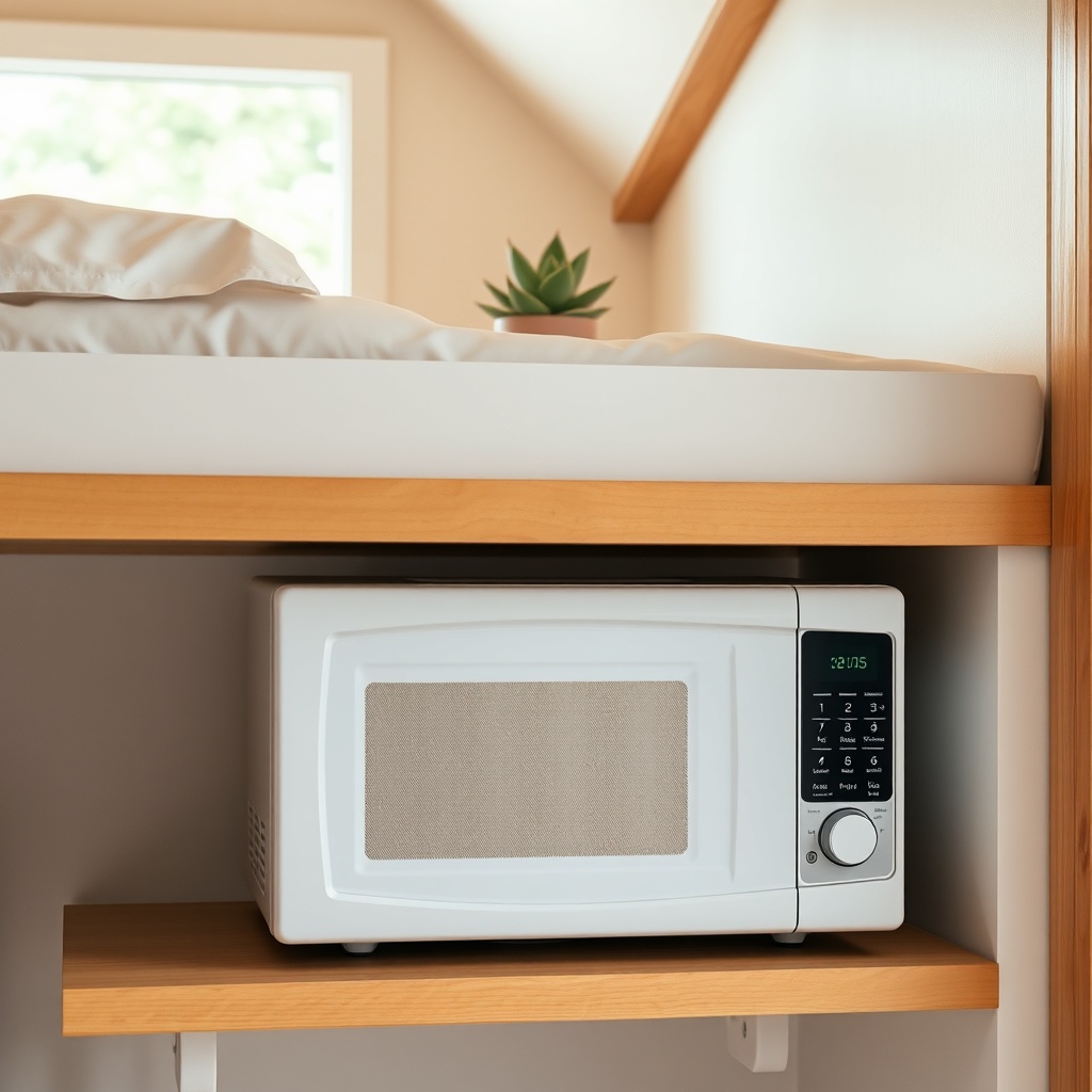 <A photorealistic side-angle photo of a white compact microwave (model Panasonic NN-SD67KS
