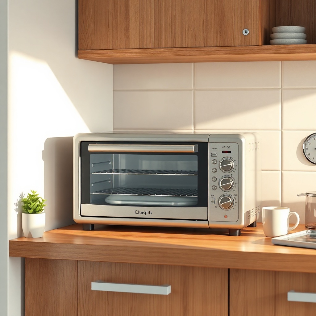 <clean photorealistic photo/illustration of a compact oven-toaster combo sitting on a wood