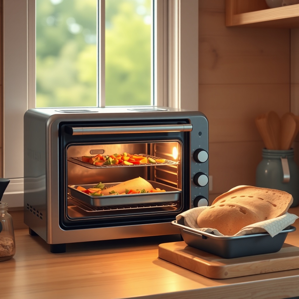 <clean photorealistic photo/illustration of an oven-toaster combo with a tray of roasted v