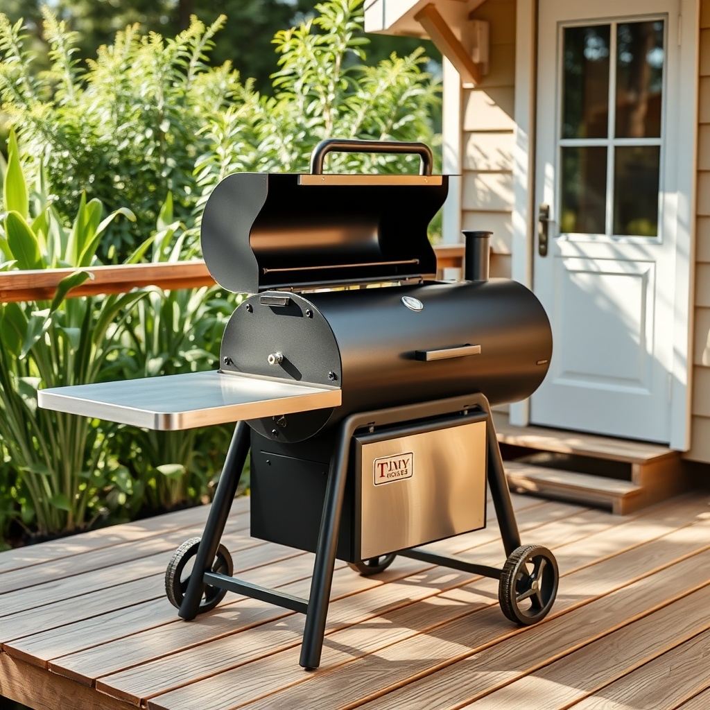 A photorealistic photo of the Tiny Goat House pellet grill on a small wooden deck