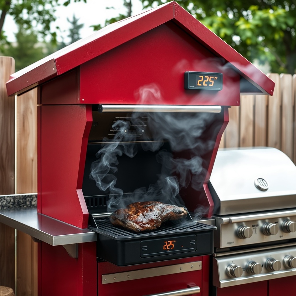 A photorealistic photo of the Tiny Goat House in an outdoor kitchen setup