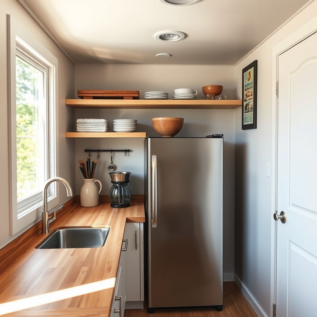 <clean photorealistic photo of a sleek stainless steel compact refrigerator nestled into a