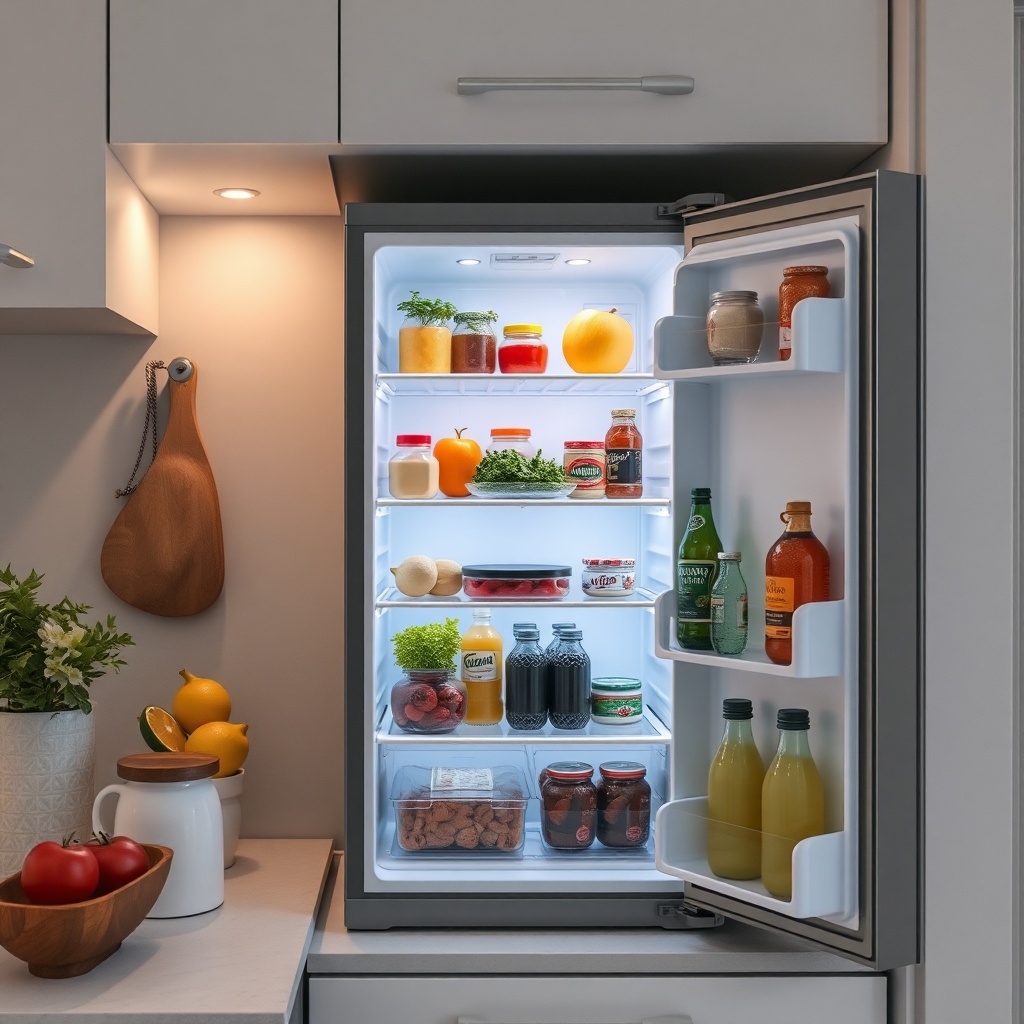 <clean photorealistic photo of a tiny house kitchen with a compact refrigerator open
