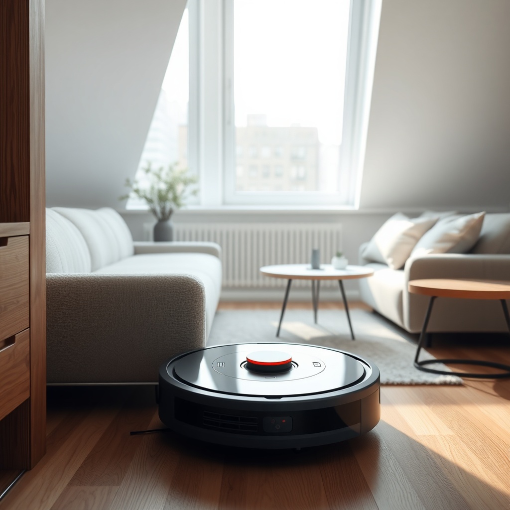 <photorealistic photo of a sleek robot vacuum docking in a tiny living room