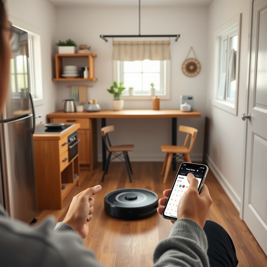 <photorealistic photo of a person using a smartphone app to schedule a robot vacuum in a t