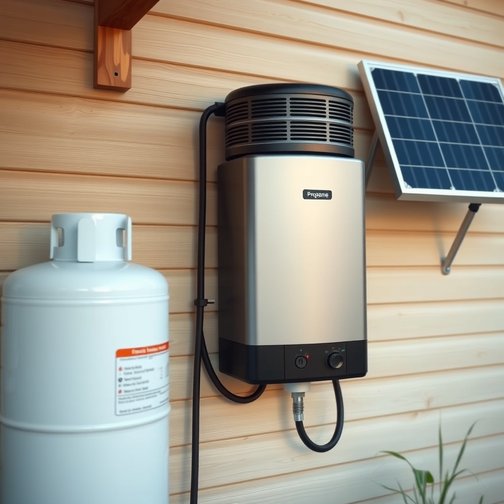 A photorealistic close-up of a propane-powered compact water heater mounted on an exterior