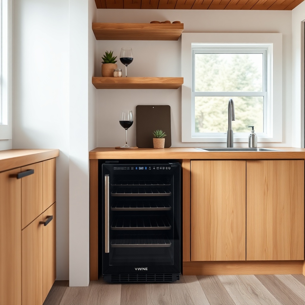 A photorealistic photo of a sleek black compact wine fridge installed under a butcher-bloc