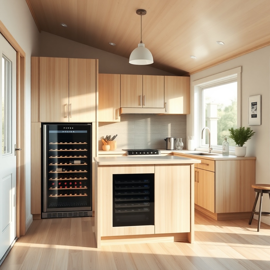 A photorealistic photo of a tiny house interior with a wine fridge built into a kitchen is