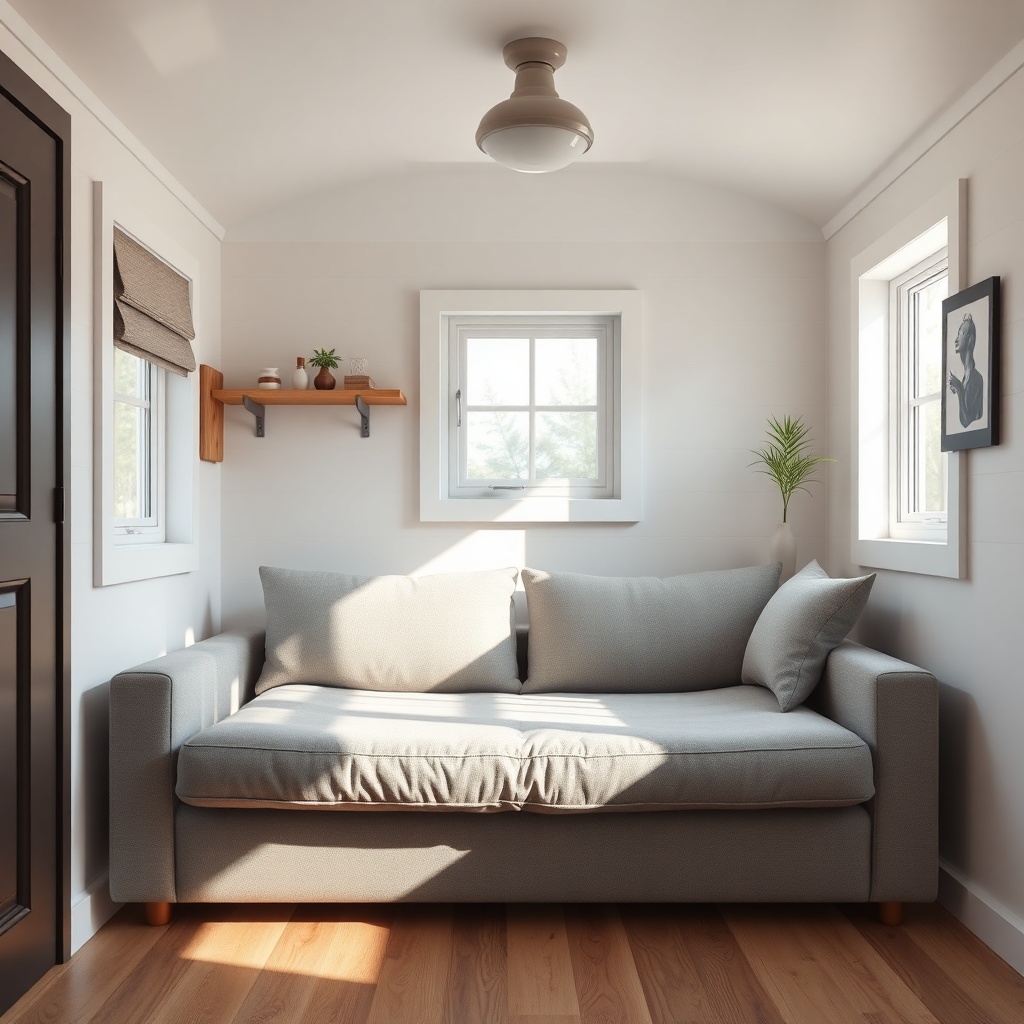 A clean photorealistic photo of a Tiny Goat House interior showing a sofa bed partially fo