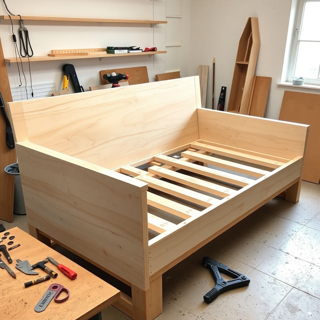 A clean photorealistic photo of a partially assembled click-clack sofa bed frame made of b