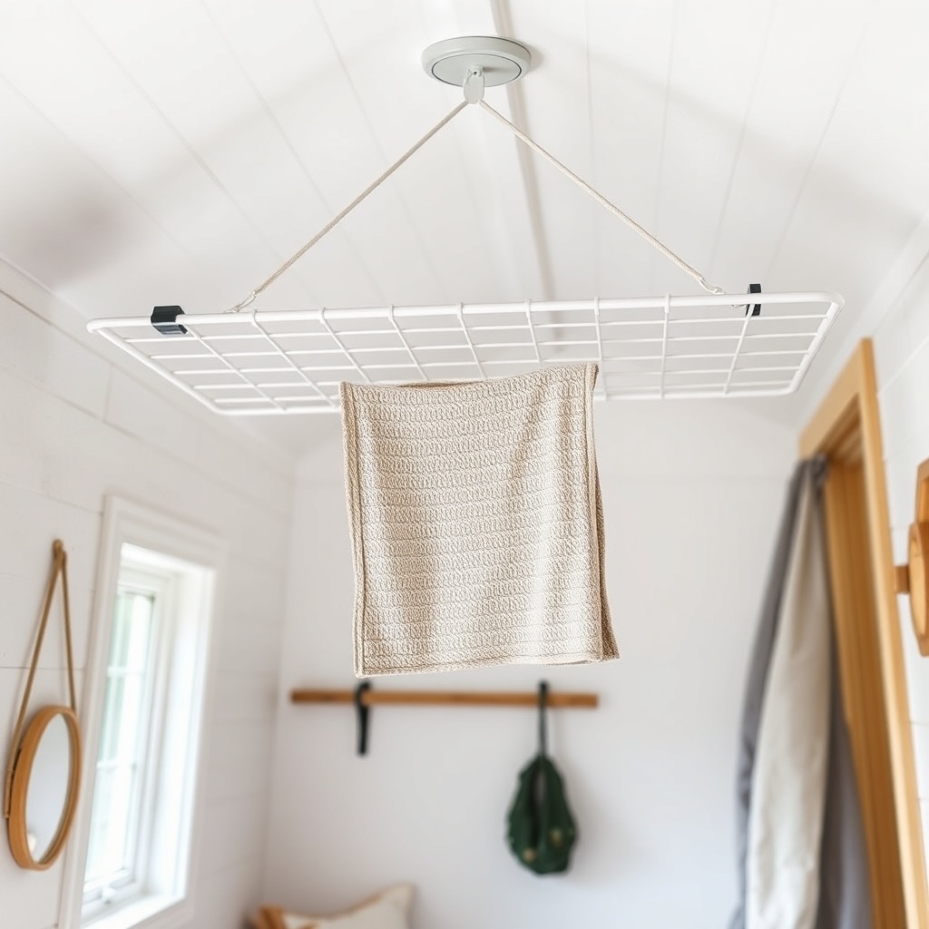 <clean photorealistic photo/illustration of a Tiny Goat House hanging drying rack in a tin