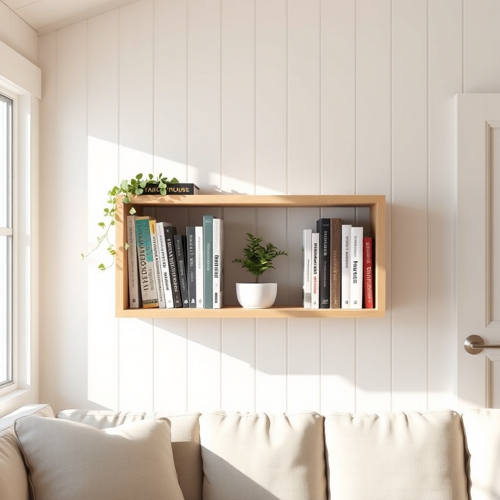 A photorealistic photo of a Tiny Goat House wall-mounted bookcase in a white