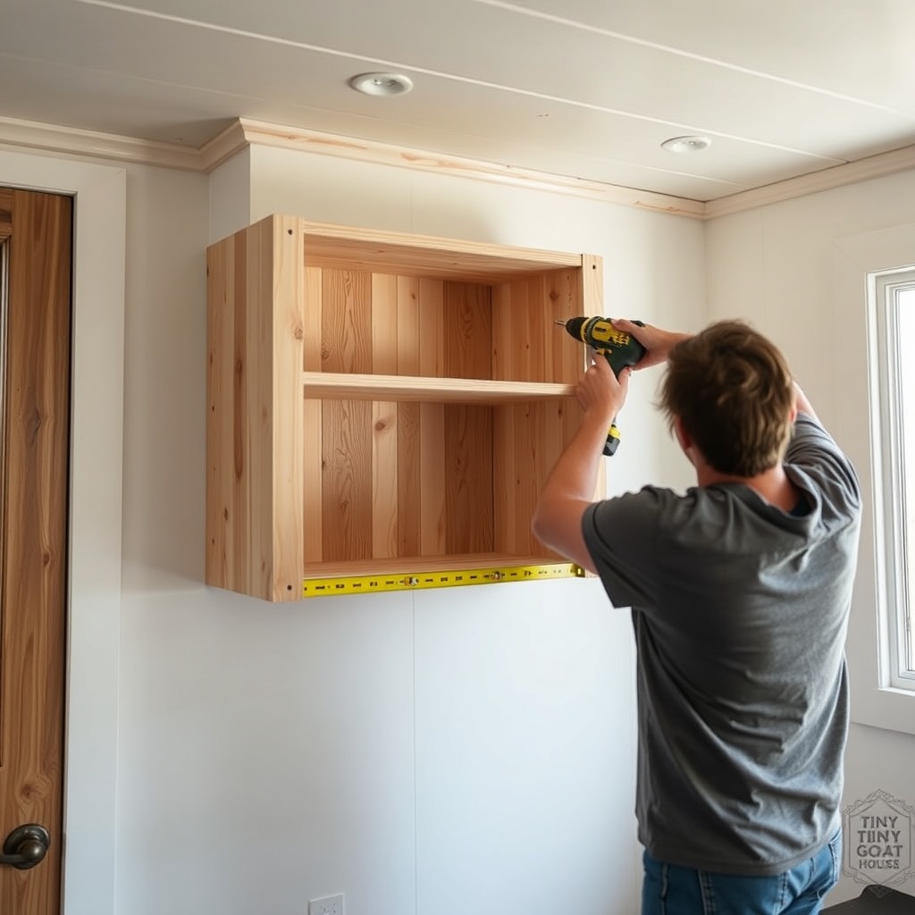 A photorealistic photo of a person installing a Tiny Goat House wall-mounted bookcase in a