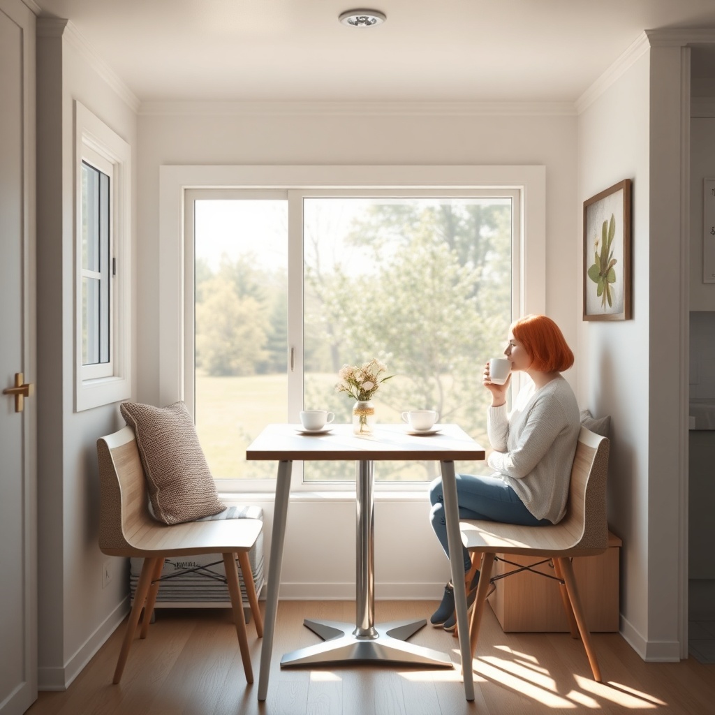 A photorealistic photo of a compact dining table with chairs neatly arranged in a bright