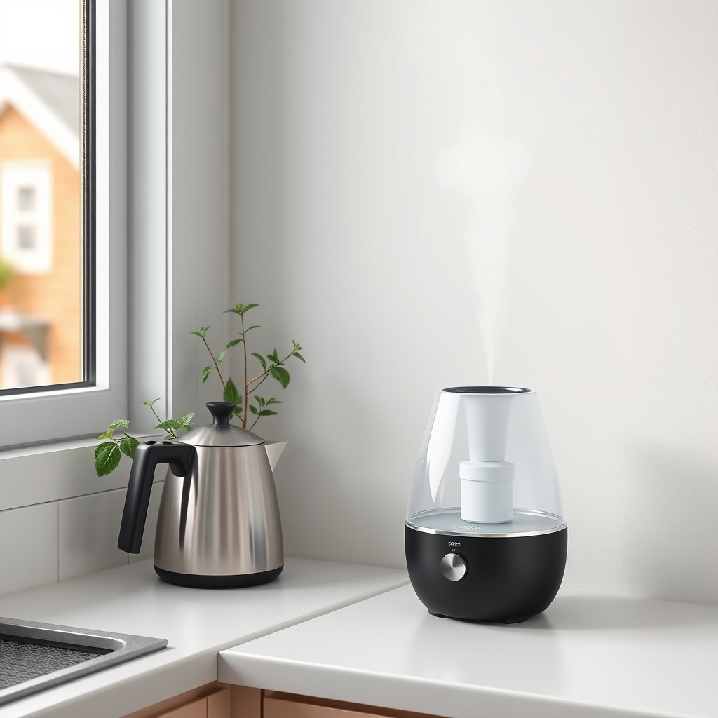 <clean photorealistic photo/illustration of a compact humidifier placed on a narrow kitche