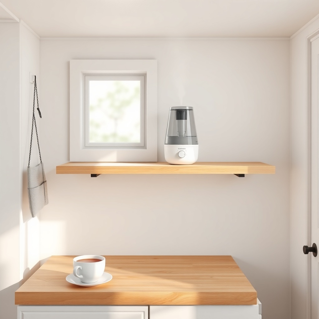 <clean photorealistic photo/illustration of a tiny house interior with a humidifier on a f