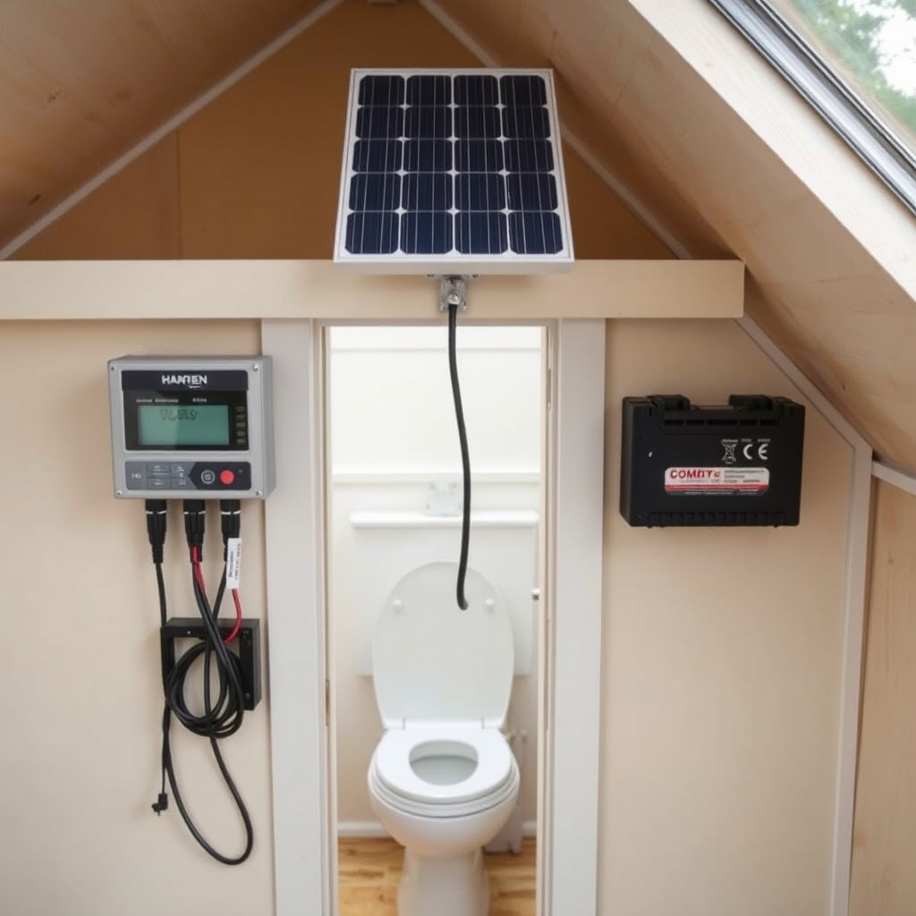 A picture of a small solar panel mounted on a tiny house roof