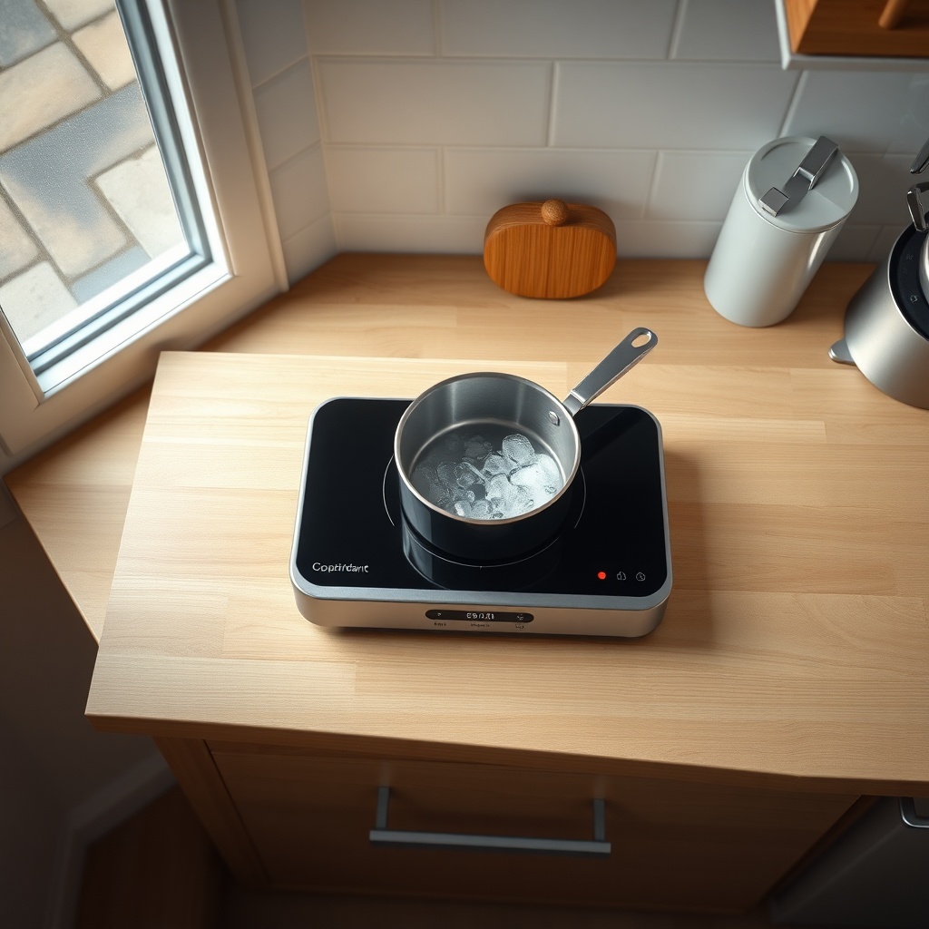A clean overhead photorealistic shot of a portable induction cooktop sitting on a light wo