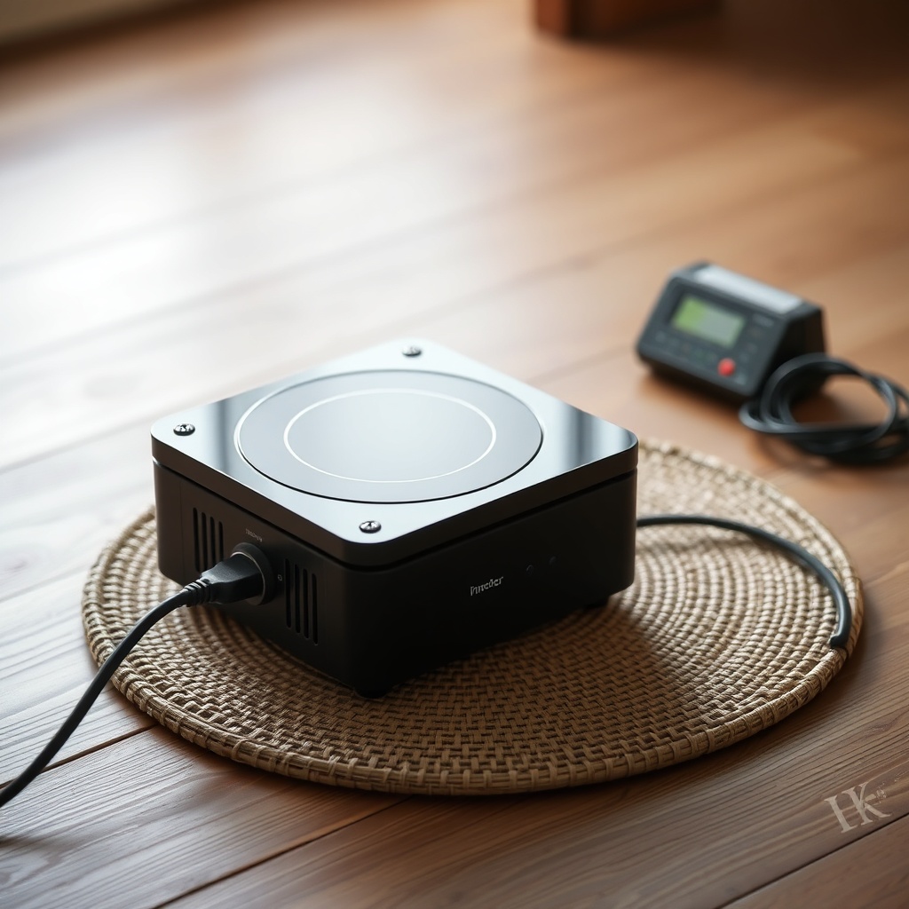 A photorealistic side-angle view of a portable induction cooktop plugged into a small blac