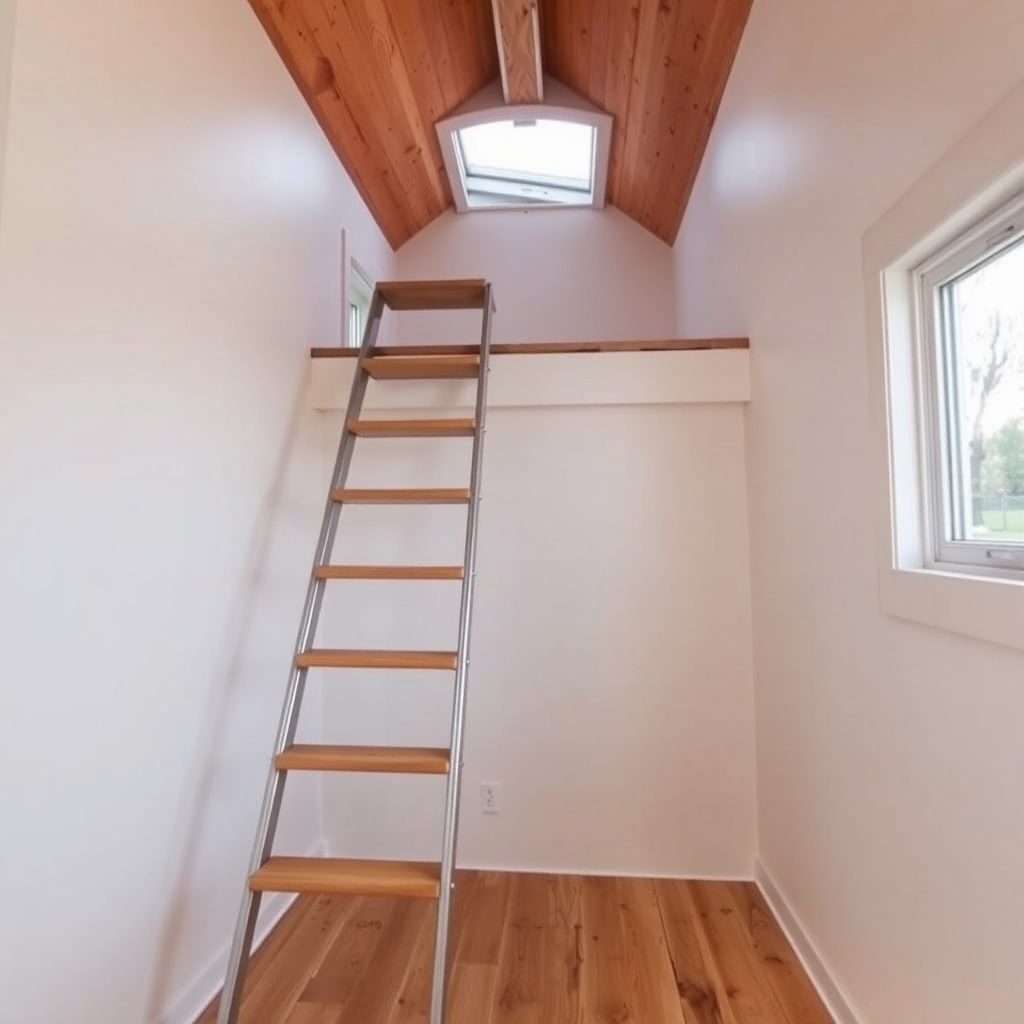 A clean photorealistic photo of an alternating tread ladder installed in a Tiny Goat House