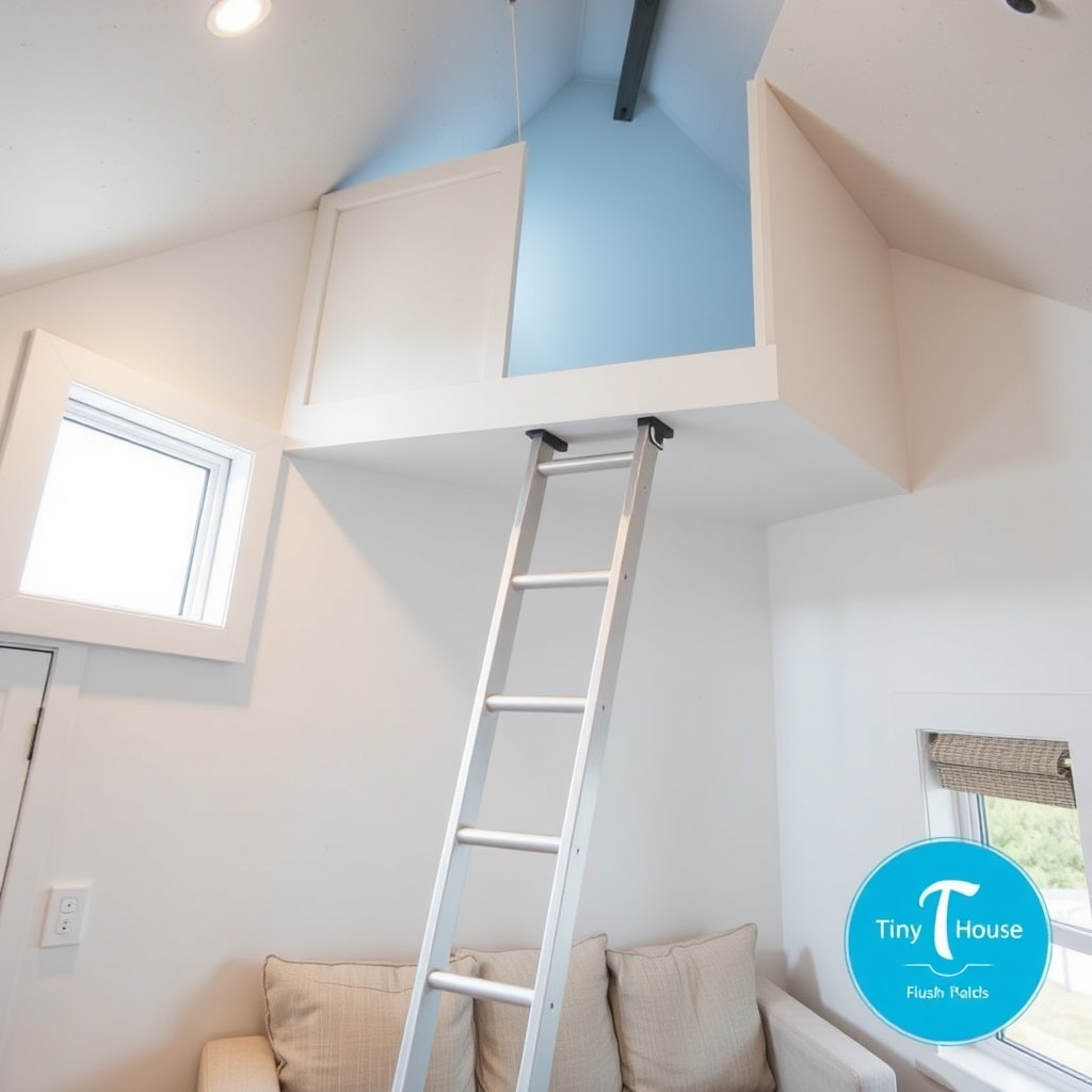 A photorealistic photo of a fold-down loft ladder integrated into a Tiny Goat House ceilin