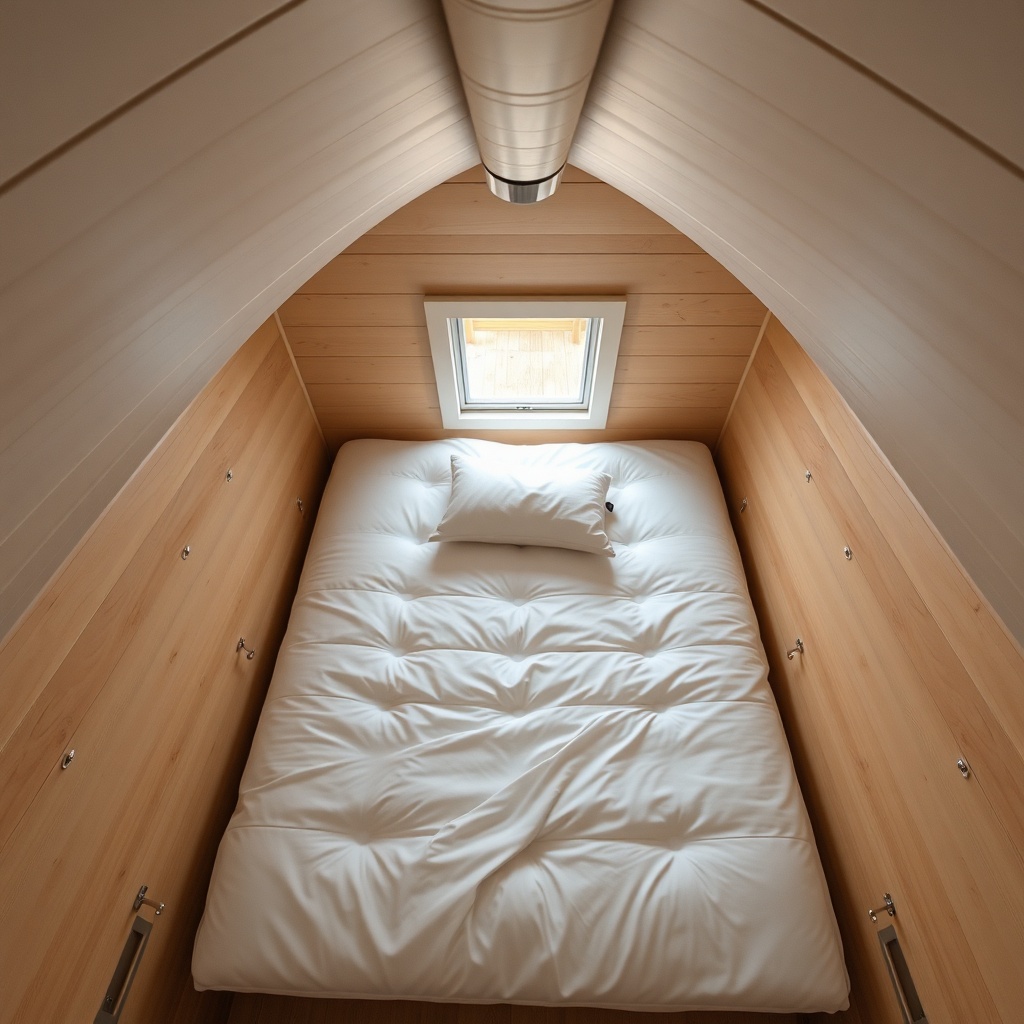 A top-down view of a Tumbleweed Fencl loft with a tri-fold mattress partially folded
