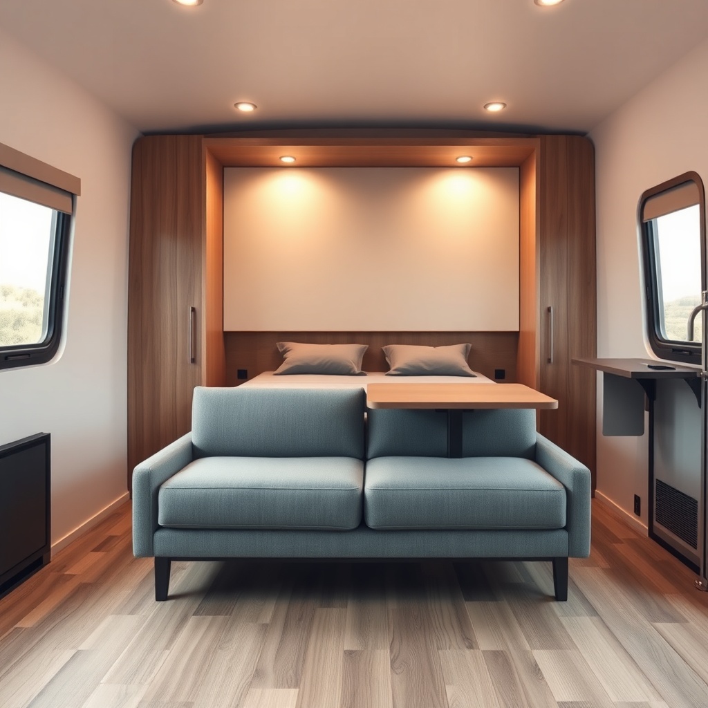 A photorealistic shot of a Tumbleweed Fencl living area with a Murphy bed in its stowed ca