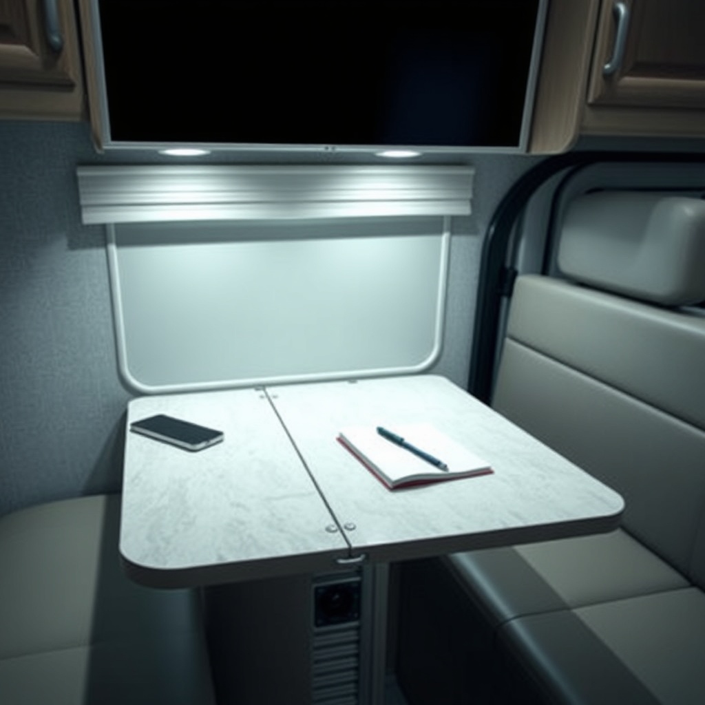 A photorealistic image of a hinged lap desk attached to a dinette table inside an Escape T