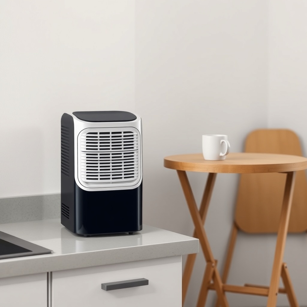 <clean photorealistic photo/illustration of a compact air purifier on a tiny kitchen count