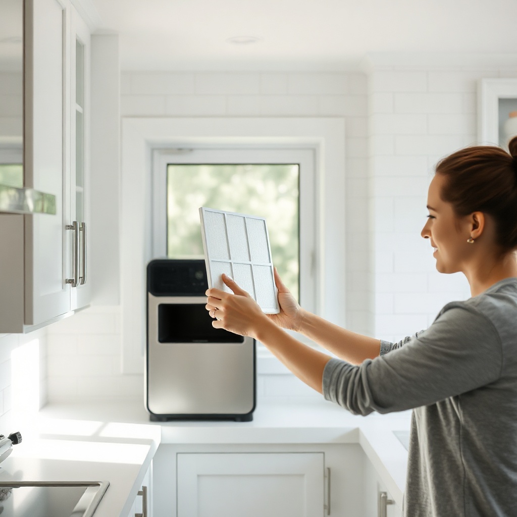 <clean photorealistic photo/illustration of a person replacing a filter on a small air pur