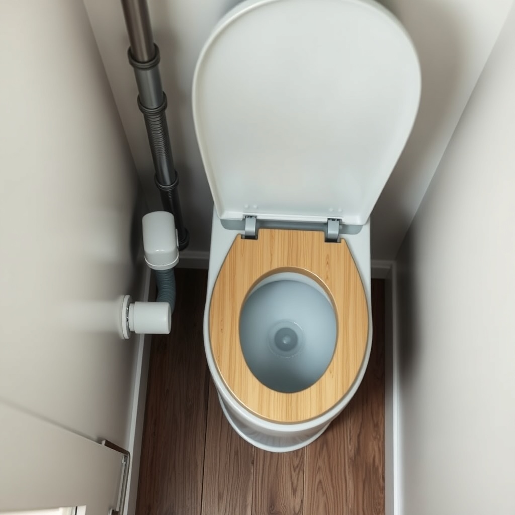 A photorealistic top-down view of a compact composting toilet installed in a tiny house co